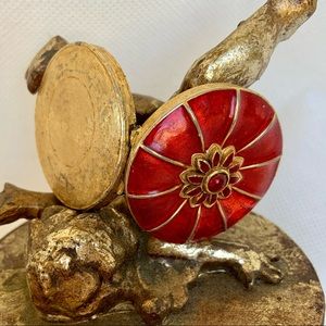 Vintage Red Enamel Jeweled CIARA Pill/Jewelry/Solid Perfume Gold-tone Compact